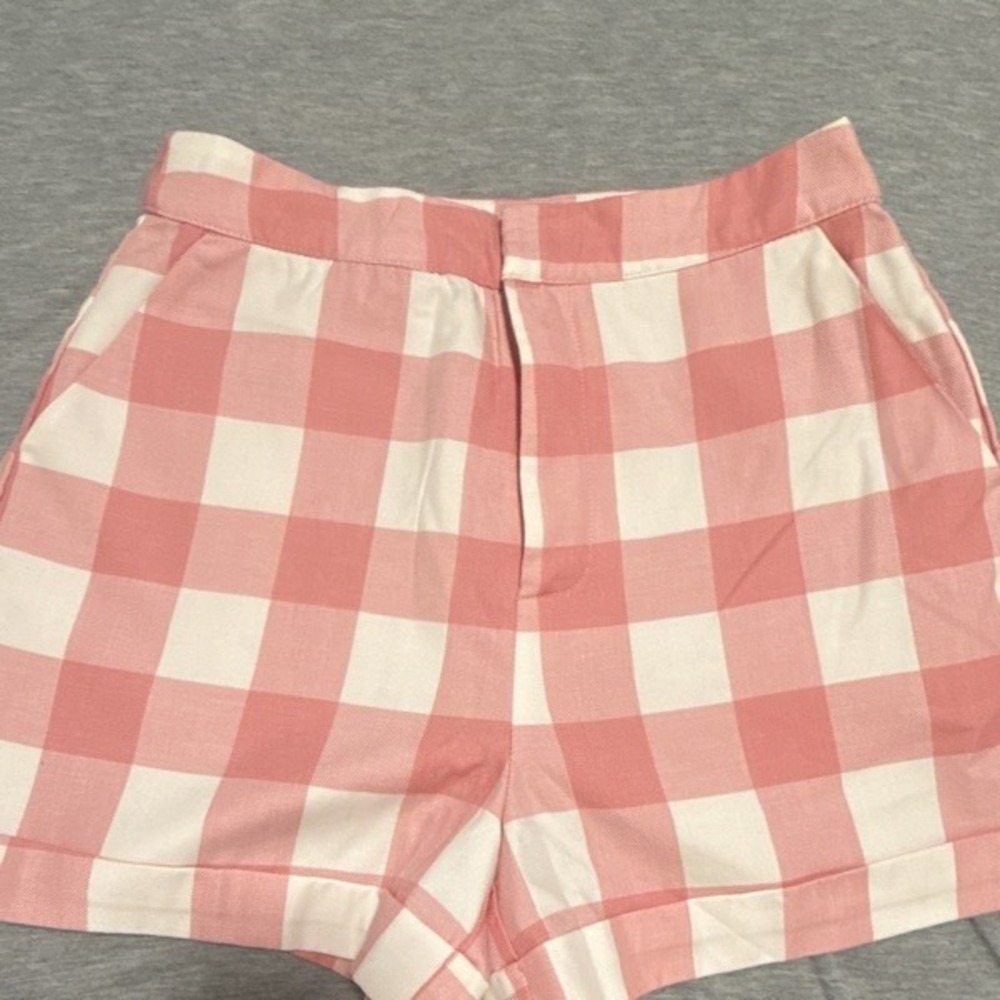 English Factory Women's Pink/White Check Plaid Chino Shorts Flat Front Size S